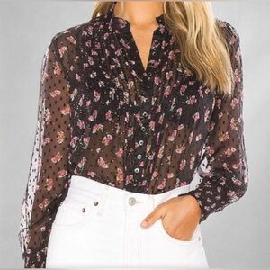 Free People Womens Blouse SP Sheer Black Floral Long Sleeve Romantic Ruffle